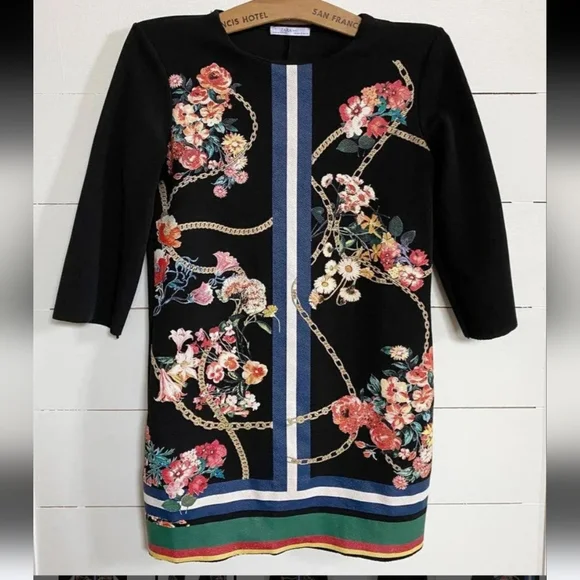 Zara Basic Women's 3/4 Sleeve Floral Print Mini Sheath Dress - Picture 10 of 10